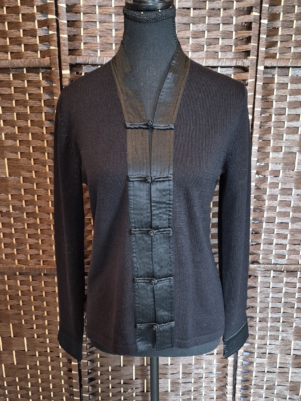 Shanghai Tang Black Mandarin-Style Cardigan with Knot Closures